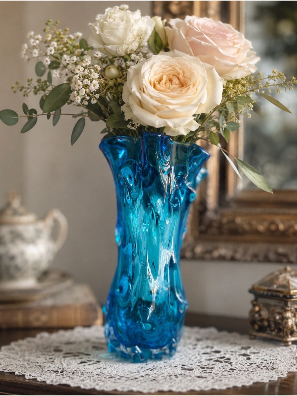 Vintage Hand-Blown Art Glass Vase – Ocean Blue Swirl vase